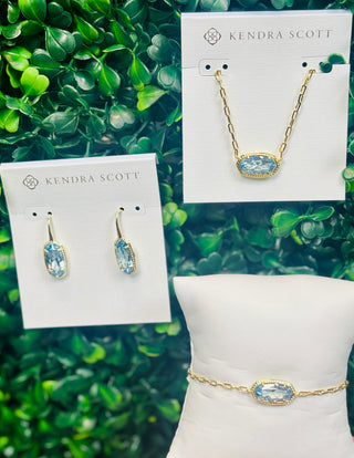 Elisa Luxe Short Pendant Necklace Gold in Light Blue
Elaina Bracelet in light blue 
Lee earrings gold in light blue