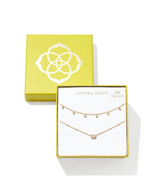 Brand | Kendra Scott
Colorway | Gold with Pink Opalite Crystal
Set Includes | Mini Elisa Necklace and Amelia Chain Necklace
Mini Elisa Design | Petite signature silhouette on a textured satellite chain
Amelia Design | Dainty crystal charm detailing for added shine
Necklace Lengths | Each necklace has a 16-inch chain with a 3-inch extender
Mini Elisa Pendant | 0.39 inches long x 0.21 inches wide