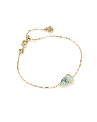 Style | Delicate Chain Bracelet
Design | Signature Elisa shape with a trillion-cut stone in March birthstone-inspired shades, a toi et moi ("you and me") style
Colorway | Light Blue Mix
Metal | 14k Yellow Gold Over Brass
Closure | Lobster clasp with a single adjustable slider bead
Size | 8" inner circumference, 0.36" wide