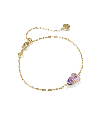 Style | Delicate Chain Bracelet
Design | Signature Elisa shape with a trillion-cut stone in February birthstone-inspired shades, a toi et moi ("you and me") style
Colorway | Purple Mix
Metal | 14k Yellow Gold Over Brass
Material | Purple Amethyst and Violet Crystal
Closure | Lobster clasp with a single adjustable slider bead
Size | 8" inner circumference, 0.36" wide