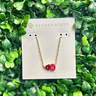 Tatum Gold Short Pendant Necklace featuring Elisa shape and trillion-cut October birthstone-inspired stone (pink mix color stone) on delicate gold chain.