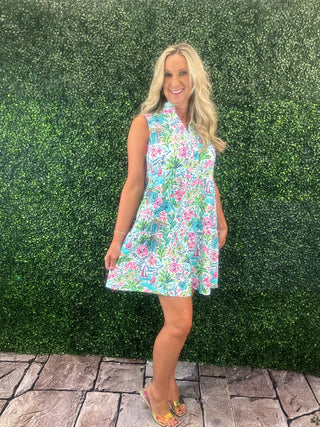 Laison Dress featuring a lightweight tiered silhouette with a flattering V-neckline and ruffle neck detail, wrinkle-free fabric, and UPF50+ sun protection—perfect for summer, travel, and warm-weather wear.