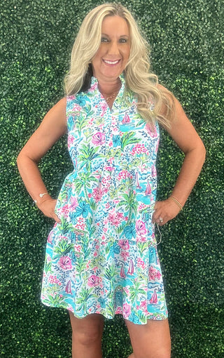 Laison Dress featuring a lightweight tiered silhouette with a flattering V-neckline and ruffle neck detail, wrinkle-free fabric, and UPF50+ sun protection—perfect for summer, travel, and warm-weather wear.