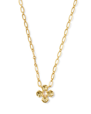 Design | Floral pendant with textured metal petals and a signature-shape mother of pearl stone center
Stone | Natural Mother of Pearl
Finish | Gold
Length | 16" chain with a 3" extender for an adjustable fit
Pendant | 0.47"L x 0.46"W
Style | Short pendant, perfect for layering or wearing solo