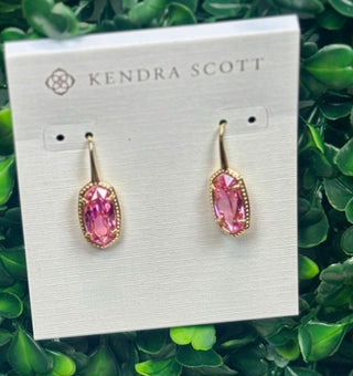 Lee Luxe Drop Earrings Gold Light pink with oval cubic zirconia stone in gold basket setting.