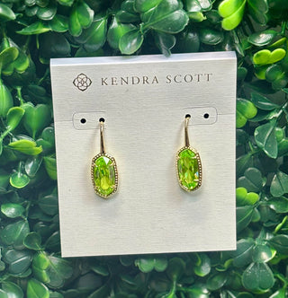 Lee Luxe Drop Earrings Gold Light green with oval cubic zirconia stone in gold basket setting.