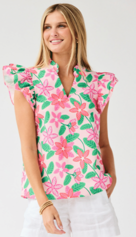 Leigh flutter sleeve blouse Island Muse pink women's boutique top with ruffle V neckline