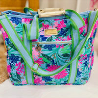 Lilly Pulitzer insulated cooler tote, Endless Summer cooler bag, beach picnic bag, insulated lunch tote, stylish outdoor tote, adjustable strap cooler bag, gold accent cooler tote