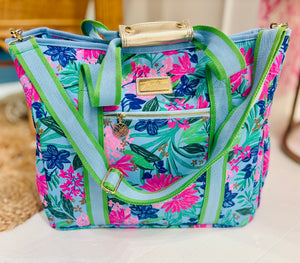 Lilly Pulitzer insulated cooler tote, Endless Summer cooler bag, beach picnic bag, insulated lunch tote, stylish outdoor tote, adjustable strap cooler bag, gold accent cooler tote