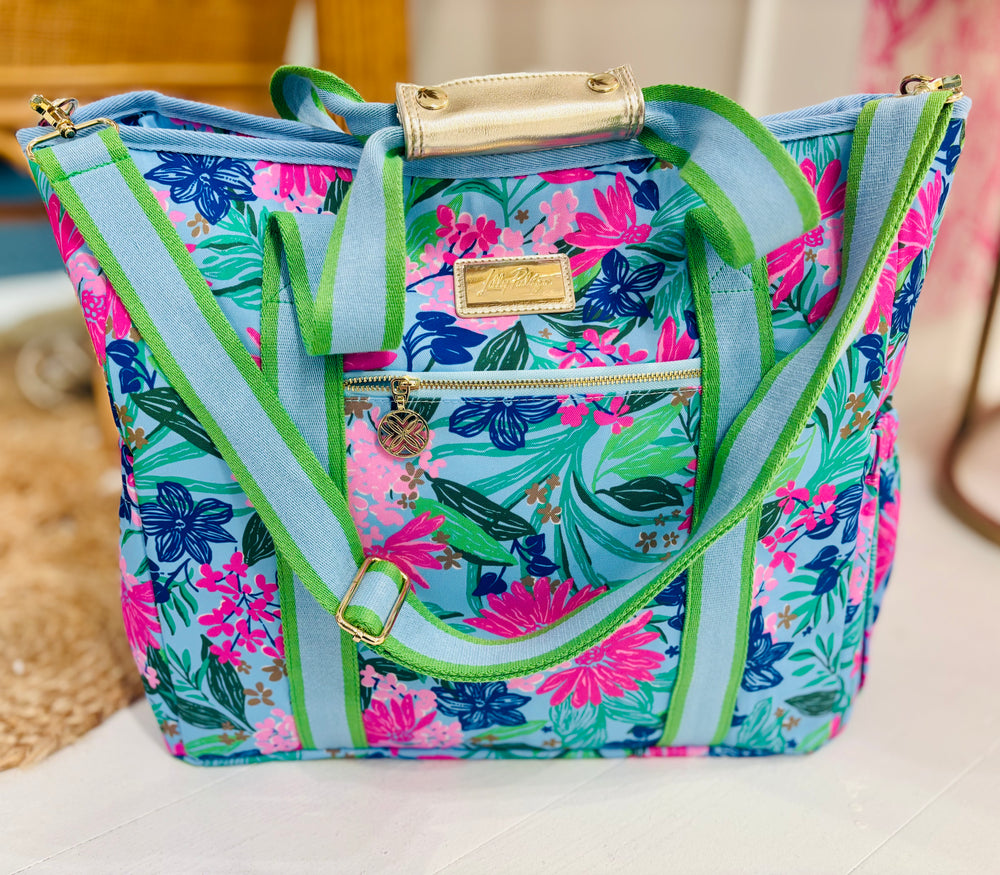 Lilly Pulitzer insulated cooler tote, Endless Summer cooler bag, beach picnic bag, insulated lunch tote, stylish outdoor tote, adjustable strap cooler bag, gold accent cooler tote
