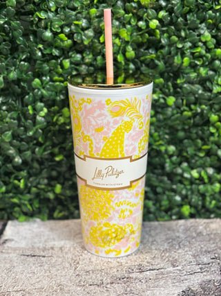 24 oz BPA-free acrylic tumbler in Royal Zoo print with insulated design, gold lid, and reusable straw.