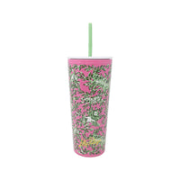 Lilly Pulitzer 24 oz tumbler with Mane Character Energy print, a white lid, reusable straw, and BPA-free insulated design for stylish hydration.