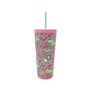 Lilly Pulitzer 24 oz tumbler with Mane Character Energy print, a white lid, reusable straw, and BPA-free insulated design for stylish hydration.