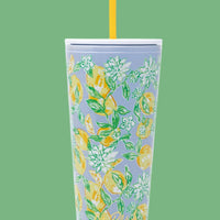  Lilly Pulitzer 24 oz tumbler with Make Lemonade print, a white lid, reusable straw, and BPA-free insulated design for stylish hydration.