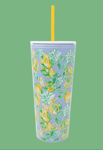  Lilly Pulitzer 24 oz tumbler with Make Lemonade print, a white lid, reusable straw, and BPA-free insulated design for stylish hydration.