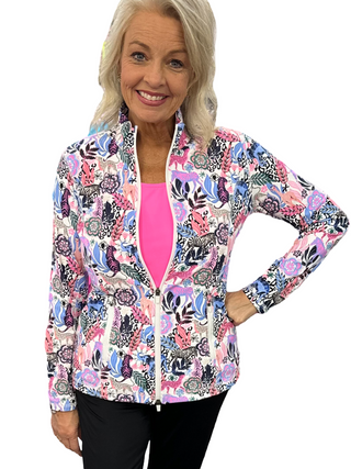 The Lulu-B Full Zip Jacket in the JTMU print features a playful black, white, pink, and periwinkle pattern with hidden animals woven throughout — a mock neck collar, two-way zipper, and contrast stitching at the seams give it a refined, athletic-inspired finish that makes a statement whether you're layering it over a matching set or pairing it with your favorite denim.