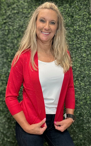 Fabric | Lightweight knit with subtle stretch
Silhouette | Open-front cardigan, relaxed drape
Sleeve | 3/4 length with ribbed cuffs
Detail | Allover scattered rhinestone embellishment
Color | Crimson (CRE)
Care | Hand wash cold or gentle cycle; lay flat to dry
Brand | Lulu-B