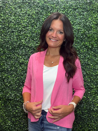 This is the cardigan that makes every outfit feel like an occasion. Lulu-B's Rhinestone Cardigan in Hot Pink brings just the right amount of sparkle — scattered rhinestone details catch the light beautifully without going over the top. Lightweight, easy to layer, and cut in a flattering open-front silhouette that works from brunch to a night out.