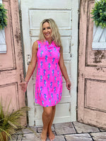 Lulu-B Ruffle V-Neck Dress in Hot Pink Seahorse with a ruffle neckline, UPF50+ sun protection, and a lightweight, stretchy fabric for all-day comfort.
