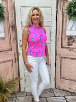 Lulu-B Ruffle V-Neck Tank Top in Hot Pink Seahorse with a ruffle neckline, UPF50+ sun protection, and a breathable, stretchy fabric for all-day comfort.
