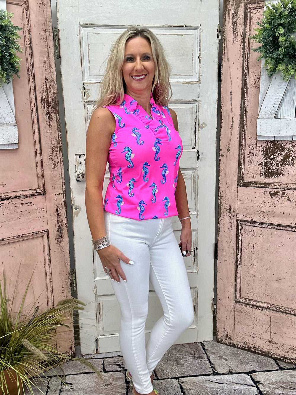 Lulu-B Ruffle V-Neck Tank Top in Hot Pink Seahorse with a ruffle neckline, UPF50+ sun protection, and a breathable, stretchy fabric for all-day comfort.