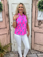 Lulu-B Ruffle V-Neck Tank Top in Hot Pink Seahorse with a ruffle neckline, UPF50+ sun protection, and a breathable, stretchy fabric for all-day comfort.

