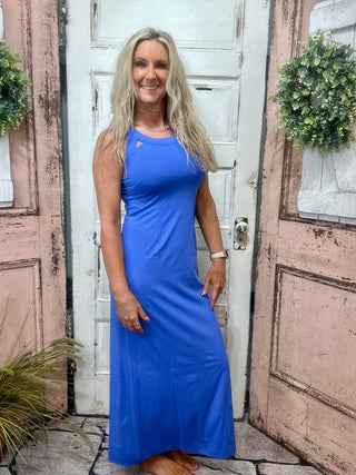 Women’s maxi dress with cutout back featuring a straight silhouette and UPF50 sun protection fabric, perfect for summer vacations, beach outings, and warm-weather events.