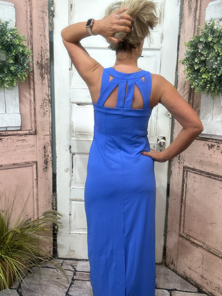 Women’s maxi dress with cutout back featuring a straight silhouette and UPF50 sun protection fabric, perfect for summer vacations, beach outings, and warm-weather events.