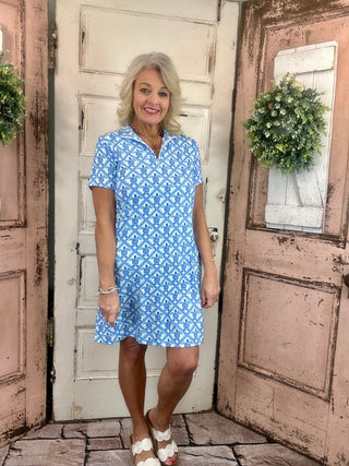 Lulu-B short sleeve 1/4 zip dress with UPF50+ sun protection, lightweight nylon spandex fabric, cooling stretch fit, perfect for travel, casual wear, vacations, and everyday comfort.