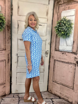 Lulu-B short sleeve 1/4 zip dress with UPF50+ sun protection, lightweight nylon spandex fabric, cooling stretch fit, perfect for travel, casual wear, vacations, and everyday comfort.