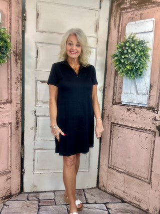Lulu-B short sleeve 1/4 zip dress with UPF50+ sun protection, lightweight nylon spandex fabric, cooling stretch fit, perfect for travel, casual wear, vacations, and everyday comfort.