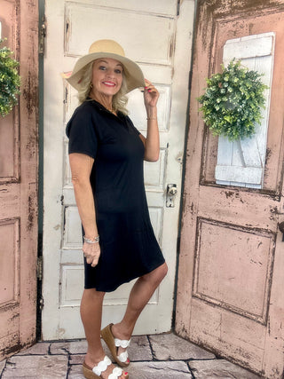 Lulu-B short sleeve 1/4 zip dress with UPF50+ sun protection, lightweight nylon spandex fabric, cooling stretch fit, perfect for travel, casual wear, vacations, and everyday comfort.