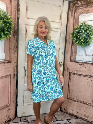 Lulu-B short sleeve 1/4 zip dress with UPF50+ sun protection, lightweight nylon spandex fabric, cooling stretch fit, perfect for travel, casual wear, vacations, and everyday comfort.