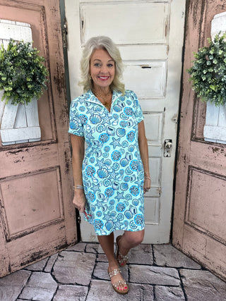 Lulu-B short sleeve 1/4 zip dress with UPF50+ sun protection, lightweight nylon spandex fabric, cooling stretch fit, perfect for travel, casual wear, vacations, and everyday comfort.