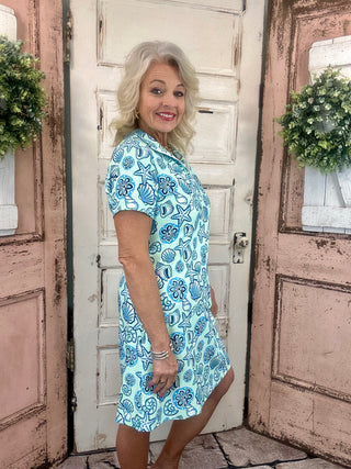 Lulu-B short sleeve 1/4 zip dress with UPF50+ sun protection, lightweight nylon spandex fabric, cooling stretch fit, perfect for travel, casual wear, vacations, and everyday comfort.