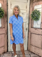Lulu-B short sleeve 1/4 zip dress with UPF50+ sun protection, lightweight nylon spandex fabric, cooling stretch fit, perfect for travel, casual wear, vacations, and everyday comfort.
