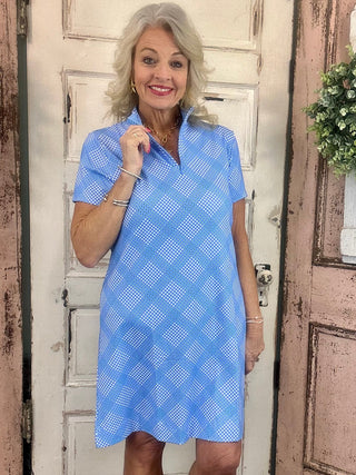 Lulu-B short sleeve 1/4 zip dress with UPF50+ sun protection, lightweight nylon spandex fabric, cooling stretch fit, perfect for travel, casual wear, vacations, and everyday comfort.