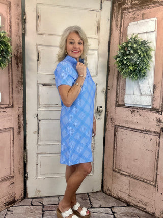 Lulu-B short sleeve 1/4 zip dress with UPF50+ sun protection, lightweight nylon spandex fabric, cooling stretch fit, perfect for travel, casual wear, vacations, and everyday comfort.