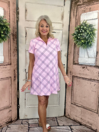 Lulu-B short sleeve 1/4 zip dress with UPF50+ sun protection, lightweight nylon spandex fabric, cooling stretch fit, perfect for travel, casual wear, vacations, and everyday comfort.