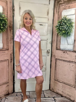 Lulu-B short sleeve 1/4 zip dress with UPF50+ sun protection, lightweight nylon spandex fabric, cooling stretch fit, perfect for travel, casual wear, vacations, and everyday comfort.