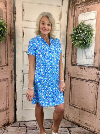 Lulu-B short sleeve 1/4 zip dress with UPF50+ sun protection, lightweight nylon spandex fabric, cooling stretch fit, perfect for travel, casual wear, vacations, and everyday comfort.