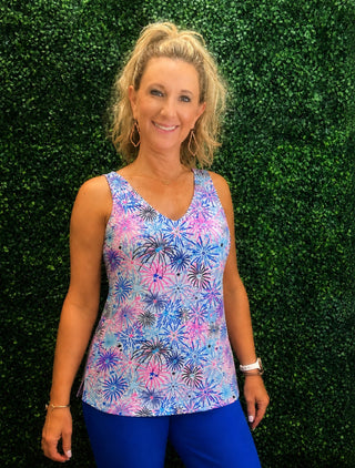 Fireworks tank with pink, purple, royal blue and white