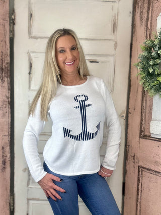 Lulu-B sweater, anchor sweater women, navy crewneck sweater, nautical sweater, women’s cotton blend sweater, boutique knitwear, Sweet Southern Charm Lulu-B