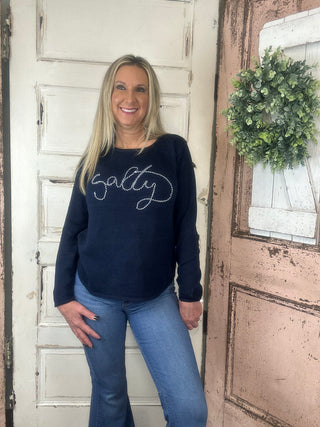 Lulu-B navy crewneck sweater with Salty design, women’s cozy cotton blend sweater with nautical style.
Lulu-B sweater, salty sweater women, navy crewneck sweater, nautical sweater, women’s cotton blend sweater, boutique knitwear, Sweet Southern Charm Lulu-B