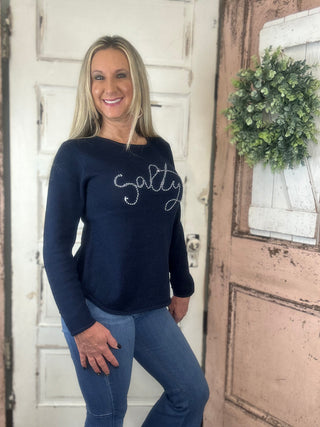 Lulu-B navy crewneck sweater with Salty design, women’s cozy cotton blend sweater with nautical style.
Lulu-B sweater, salty sweater women, navy crewneck sweater, nautical sweater, women’s cotton blend sweater, boutique knitwear, Sweet Southern Charm Lulu-B