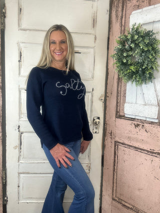 Lulu-B navy crewneck sweater with Salty design, women’s cozy cotton blend sweater with nautical style.
Lulu-B sweater, salty sweater women, navy crewneck sweater, nautical sweater, women’s cotton blend sweater, boutique knitwear, Sweet Southern Charm Lulu-B