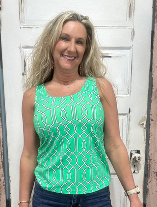Classic sleeveless tank with a 24" back length. Stretchy, pre-shrunk, and easy to care for—perfect for layering or wearing solo in warm weather.

Features a Green/White/Navy Geometric Pattern