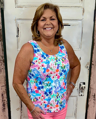 Sleeveless tank top made from soft stretchy nylon spandex fabric, classic tank neckline, straight hemline, 24-inch back length, pre-shrunk and machine washable for everyday comfort and layering.