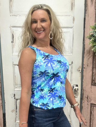 Classic sleeveless tank with a 24" back length. Stretchy, pre-shrunk, and easy to care for—perfect for layering or wearing solo in warm weather.

Features a Blue/Navy/Teal/White Palm Tree Pattern