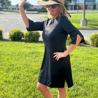 Introducing the Lulu-B Travel Dress! This dress is perfect for all your adventures with its SPF 50 fabric and quarter sleeves for sun protection. Pair it with the v-neck and side slits for a stylish and comfortable outfit. Get ready to travel in style and safety!